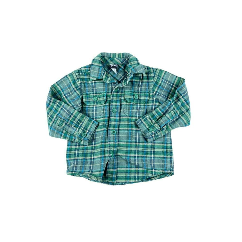 Tea Collection Flannel Button Up Shirt Blue Green Plaid Size 2